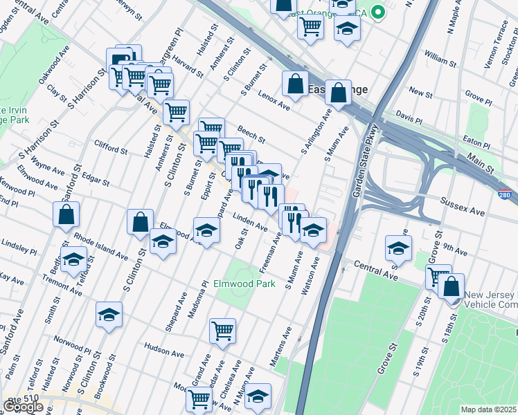 map of restaurants, bars, coffee shops, grocery stores, and more near 333 Central Avenue in East Orange