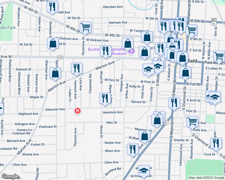 map of restaurants, bars, coffee shops, grocery stores, and more near 138 Sturges Avenue in Mansfield