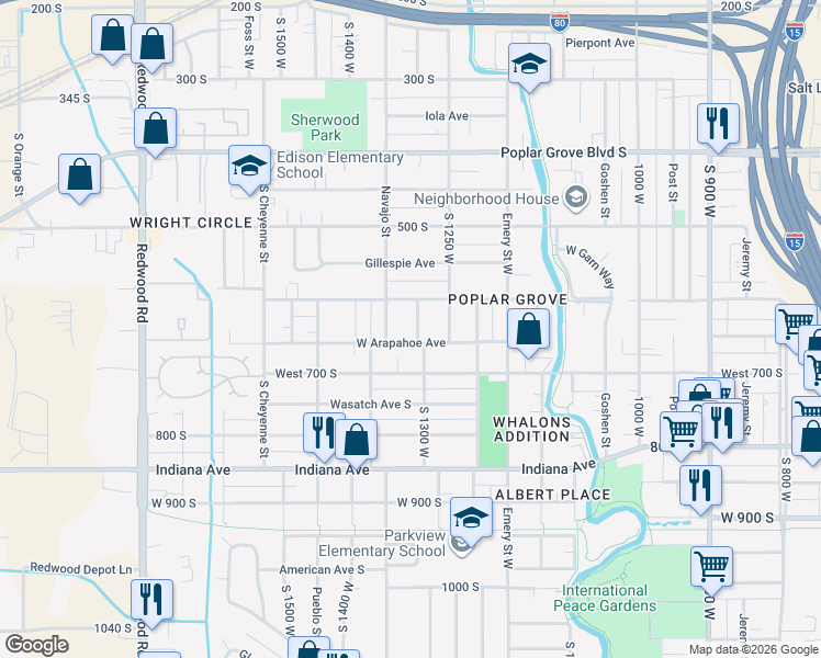 map of restaurants, bars, coffee shops, grocery stores, and more near 634 South 1300 West in Salt Lake City