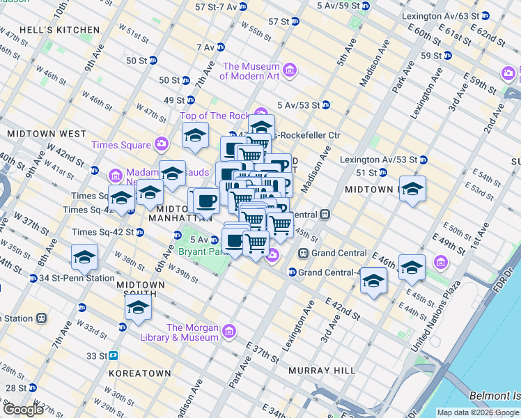 map of restaurants, bars, coffee shops, grocery stores, and more near 5th Avenue in New York