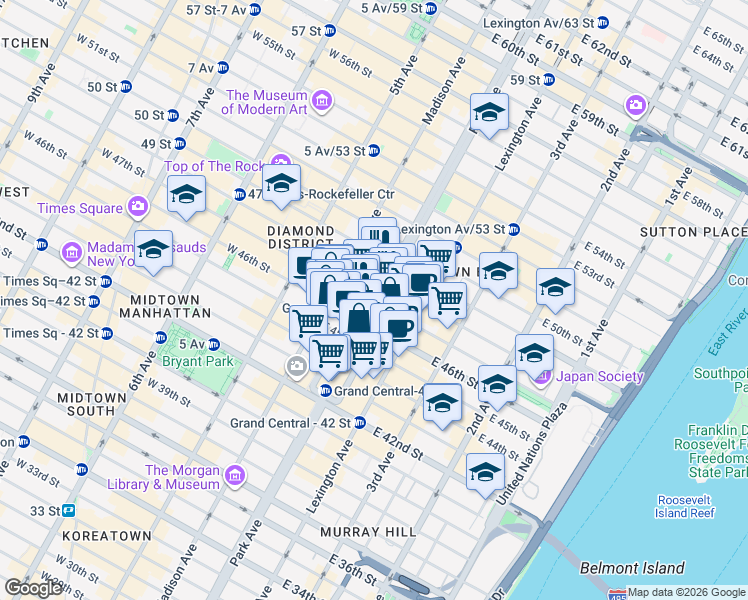map of restaurants, bars, coffee shops, grocery stores, and more near 262 Park Avenue in New York
