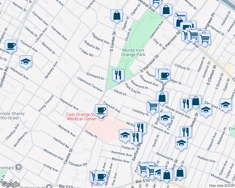 map of restaurants, bars, coffee shops, grocery stores, and more near 119 Elliot Place in East Orange