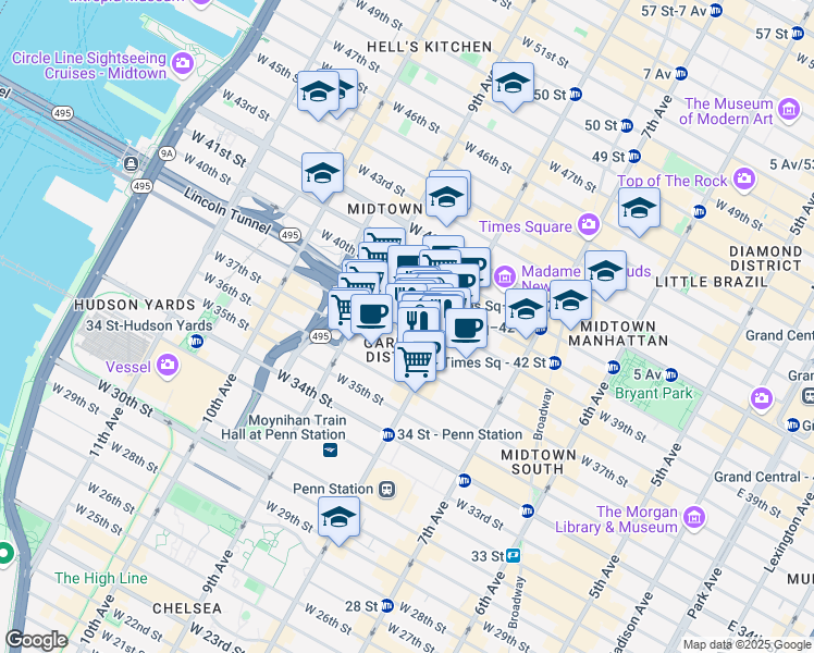 map of restaurants, bars, coffee shops, grocery stores, and more near 325 West 38th Street in New York