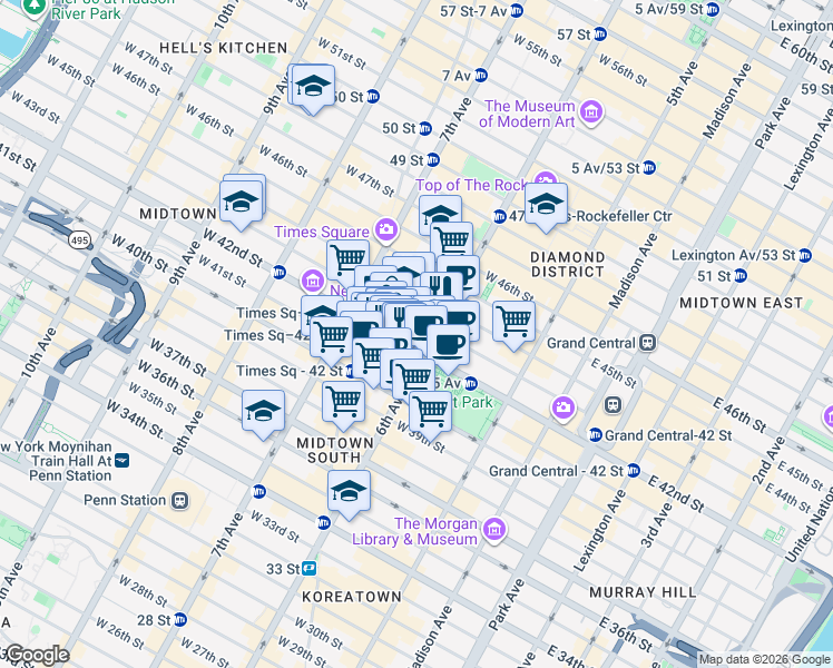 map of restaurants, bars, coffee shops, grocery stores, and more near 1 Bryant Park in New York