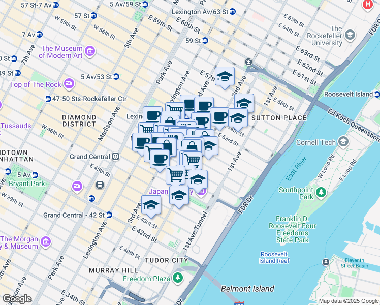 map of restaurants, bars, coffee shops, grocery stores, and more near 235 East 50th Street in New York