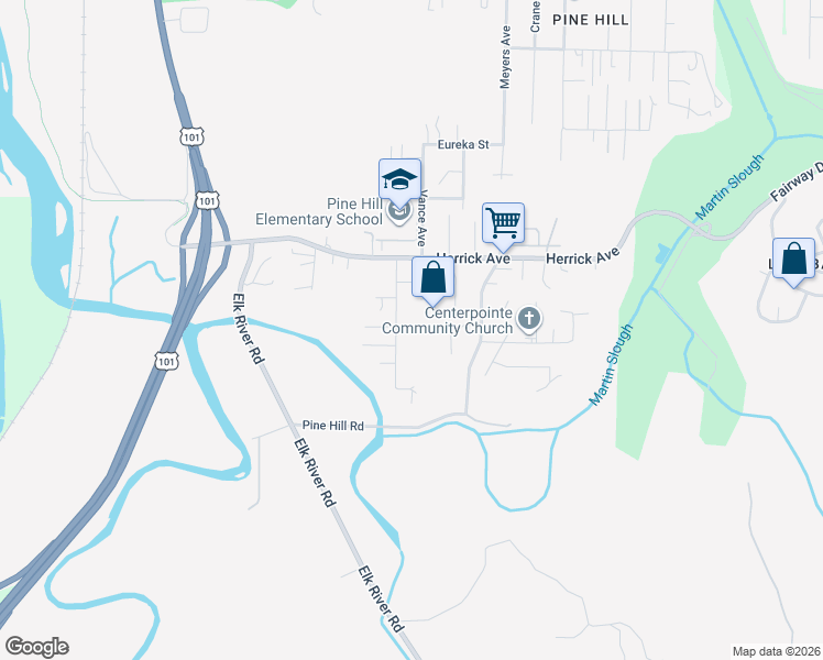 map of restaurants, bars, coffee shops, grocery stores, and more near 5469 Noe Avenue in Eureka