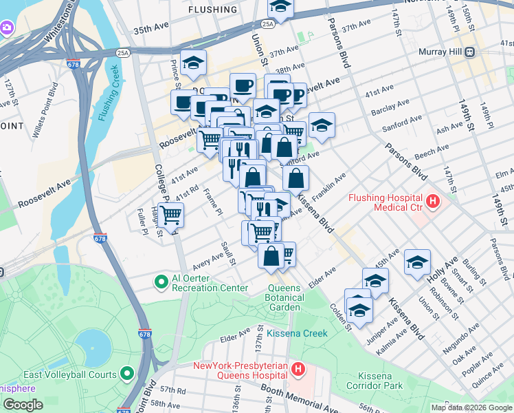 map of restaurants, bars, coffee shops, grocery stores, and more near in Queens