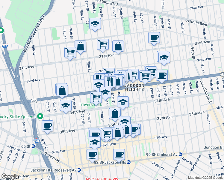 map of restaurants, bars, coffee shops, grocery stores, and more near Northern Blvd & 81st St in Queens