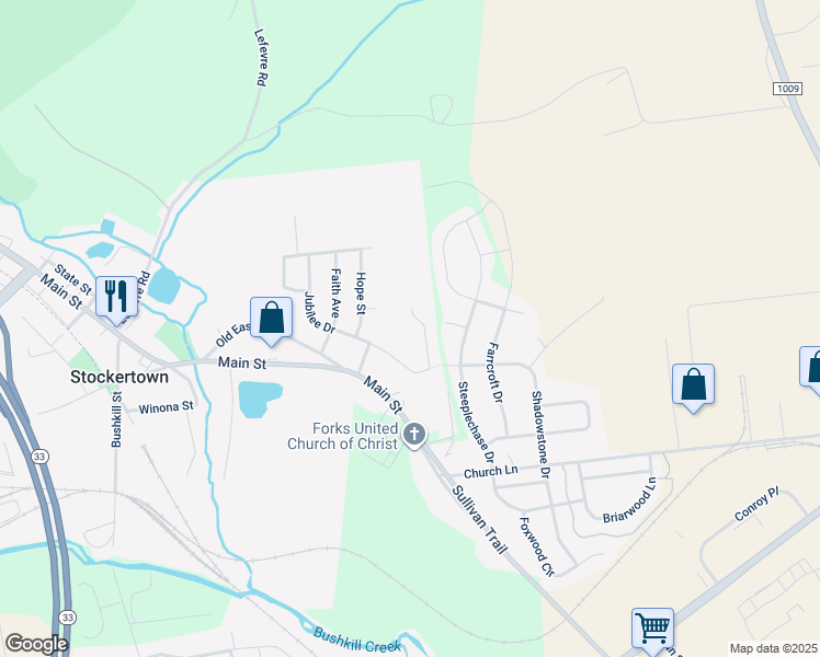 map of restaurants, bars, coffee shops, grocery stores, and more near 400 Birch Street in Easton