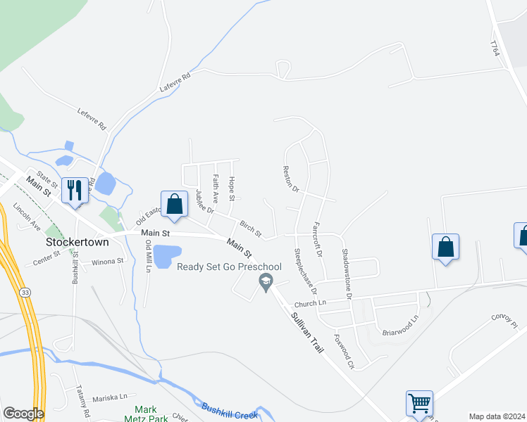 map of restaurants, bars, coffee shops, grocery stores, and more near 400 Birch St in Easton