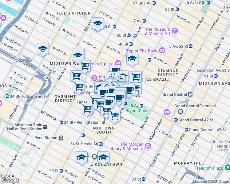 map of restaurants, bars, coffee shops, grocery stores, and more near 142 West 42nd Street in New York