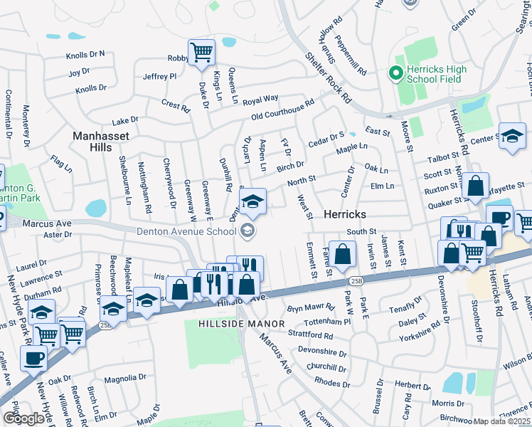 map of restaurants, bars, coffee shops, grocery stores, and more near 52 Hickory Road in New Hyde Park