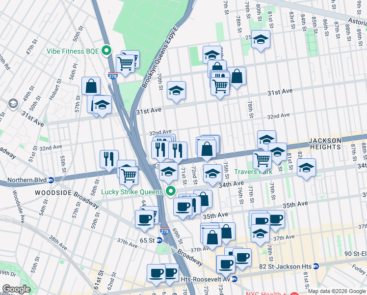map of restaurants, bars, coffee shops, grocery stores, and more near 32-54 71st Street in Queens