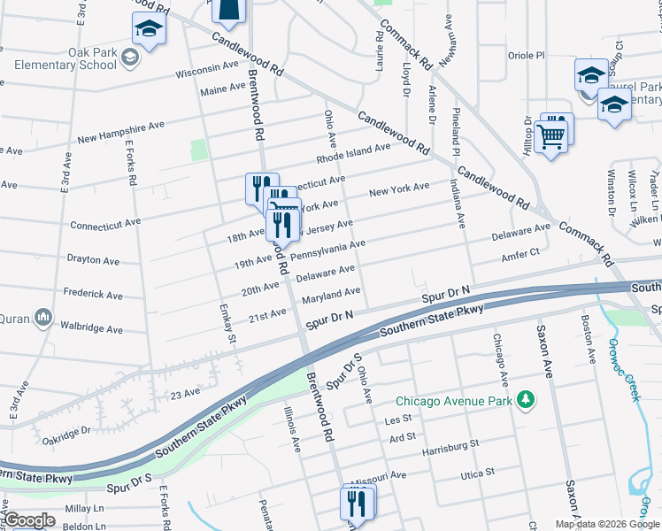 map of restaurants, bars, coffee shops, grocery stores, and more near 144 Delaware Avenue in Bay Shore