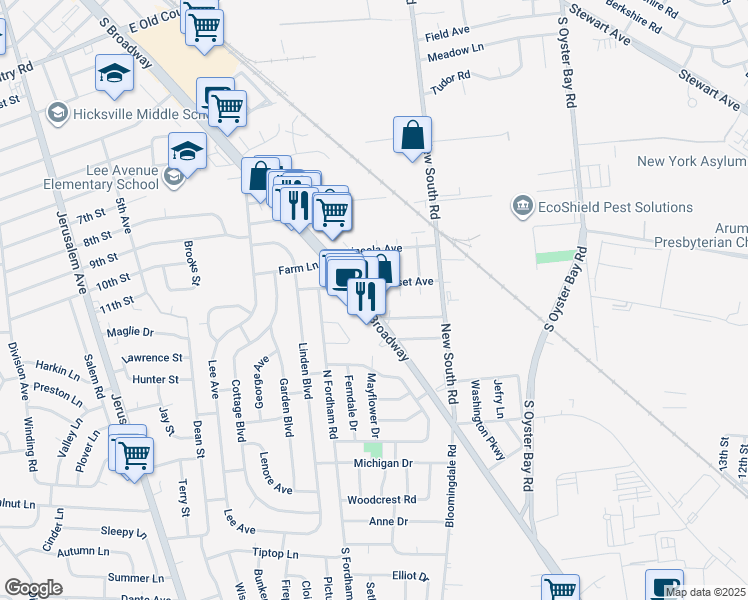 map of restaurants, bars, coffee shops, grocery stores, and more near 539 South Broadway in Hicksville