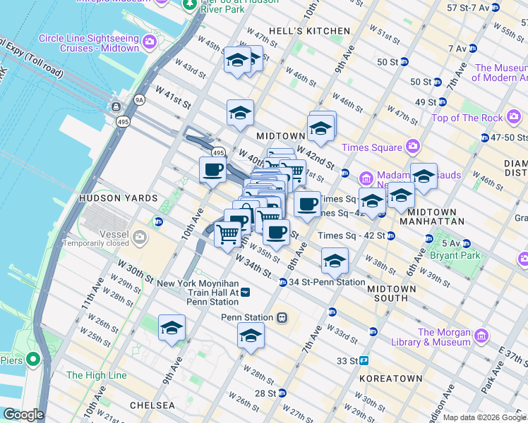 map of restaurants, bars, coffee shops, grocery stores, and more near 462 9th Avenue in New York