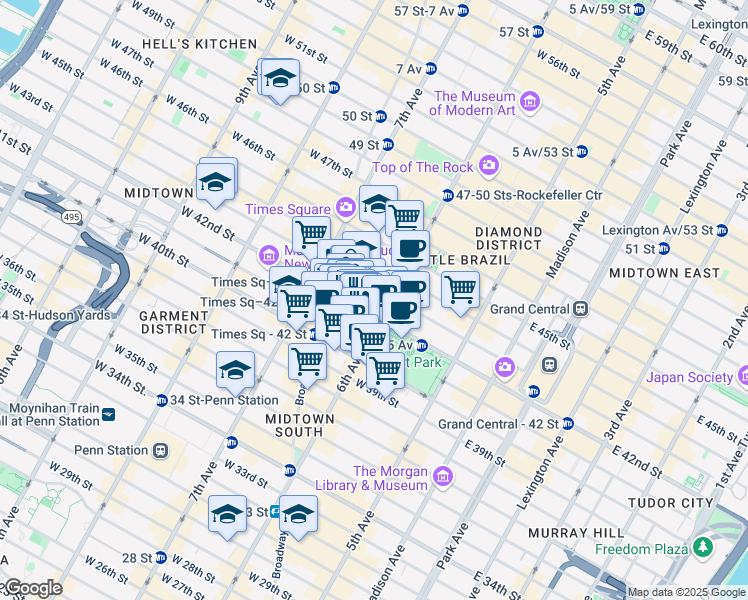 map of restaurants, bars, coffee shops, grocery stores, and more near 1 Bryant Park in New York