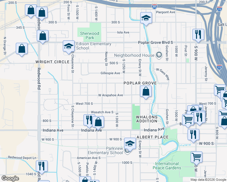 map of restaurants, bars, coffee shops, grocery stores, and more near 634 South 1300 West in Salt Lake City
