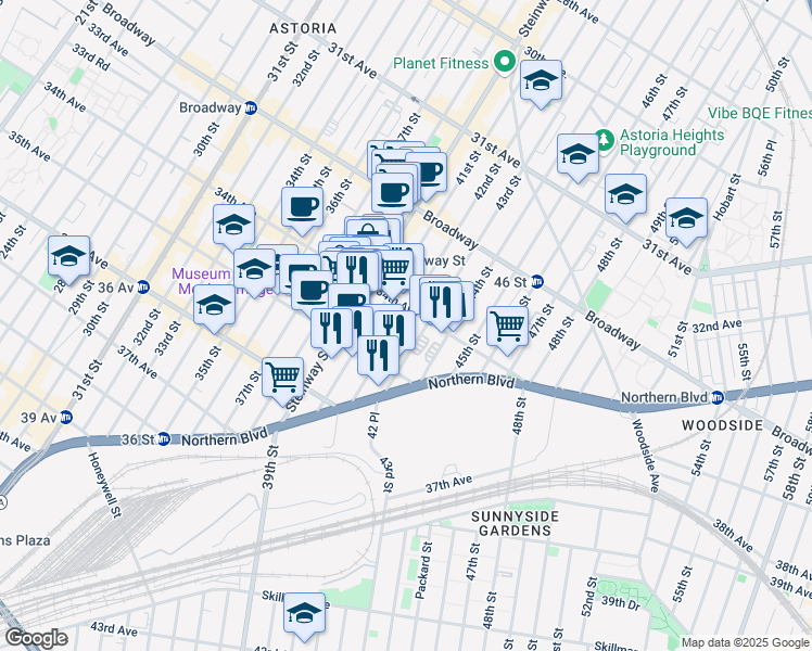 map of restaurants, bars, coffee shops, grocery stores, and more near 34-11 42nd Street in Queens