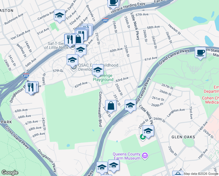 map of restaurants, bars, coffee shops, grocery stores, and more near 64-3 251st Street in Queens