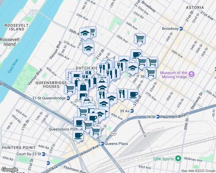 map of restaurants, bars, coffee shops, grocery stores, and more near 38-27 Crescent Street in Queens