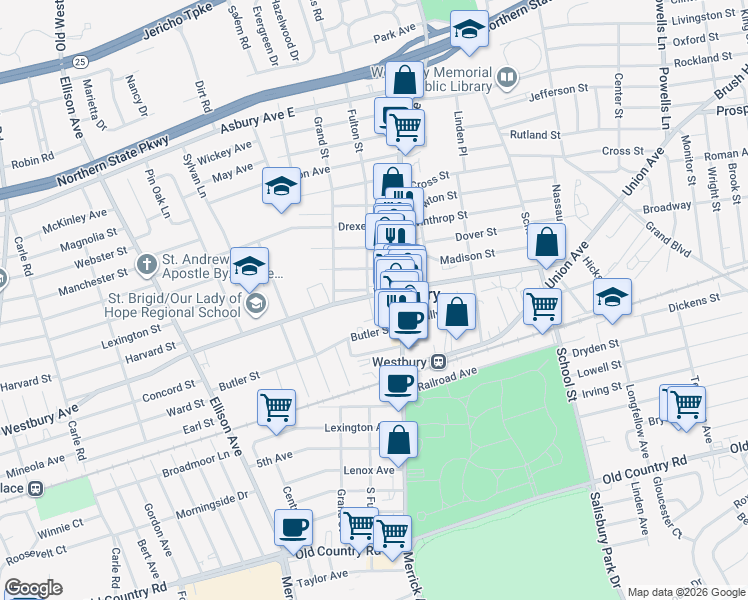 map of restaurants, bars, coffee shops, grocery stores, and more near 242 Maple Avenue in Westbury