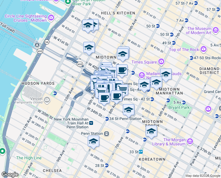 map of restaurants, bars, coffee shops, grocery stores, and more near 329 West 38th Street in New York