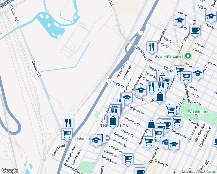 map of restaurants, bars, coffee shops, grocery stores, and more near 245 Terrace Avenue in Jersey City