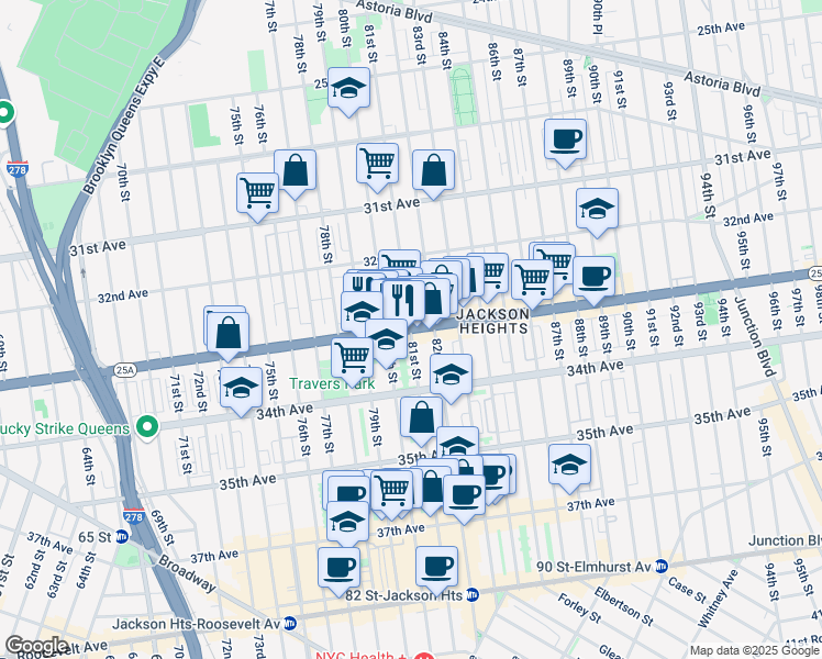 map of restaurants, bars, coffee shops, grocery stores, and more near 80-01 Northern Boulevard in Queens