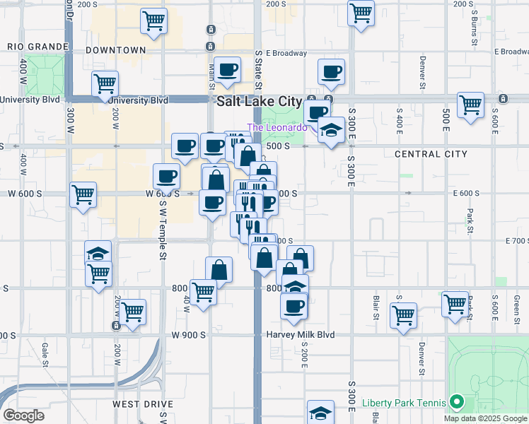 map of restaurants, bars, coffee shops, grocery stores, and more near 649 State Street in Salt Lake City