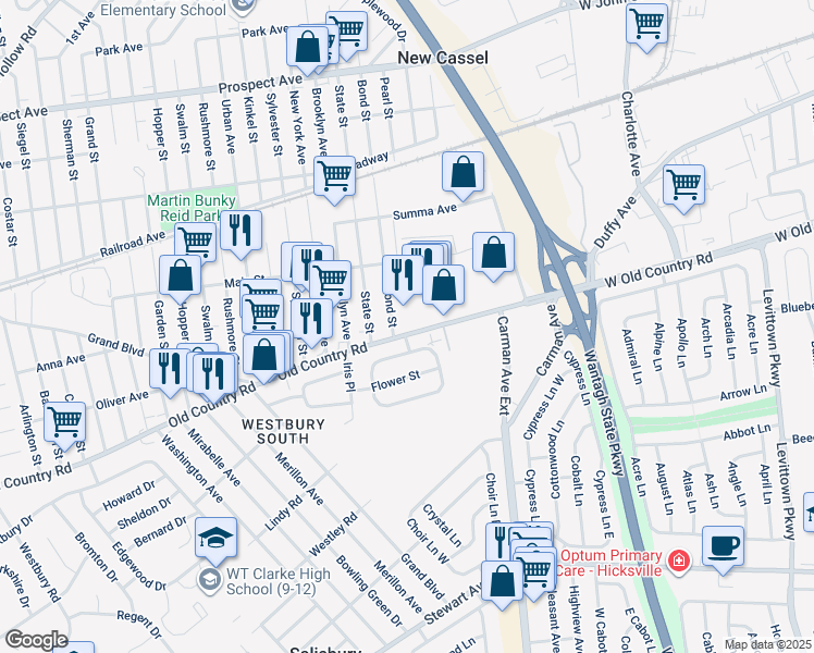 map of restaurants, bars, coffee shops, grocery stores, and more near 2520 Hyacinth Court in Westbury