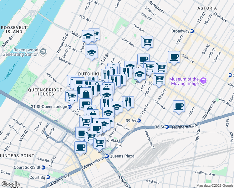 map of restaurants, bars, coffee shops, grocery stores, and more near 38-27 Crescent Street in Queens
