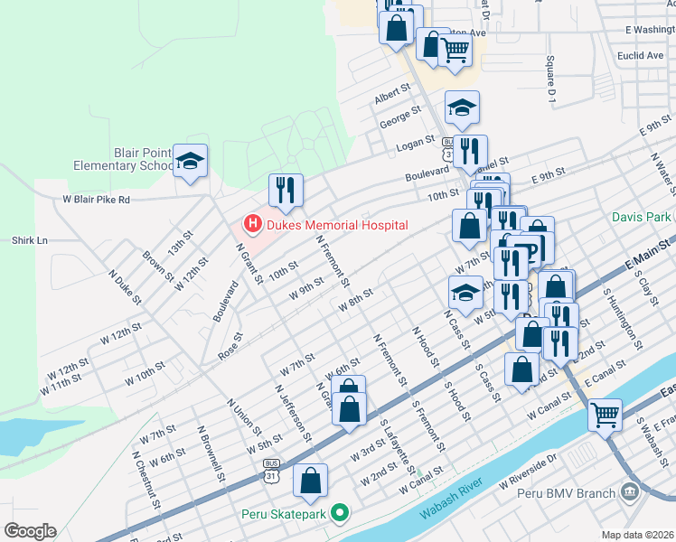 map of restaurants, bars, coffee shops, grocery stores, and more near 201 West 9th Street in Peru