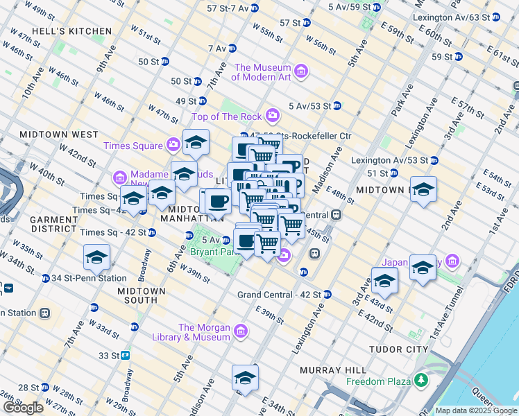 map of restaurants, bars, coffee shops, grocery stores, and more near 530 5th Avenue in New York