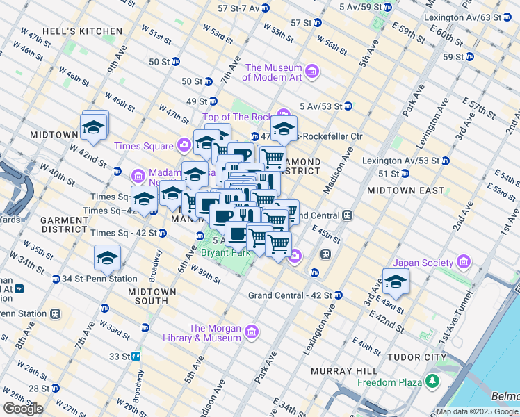 map of restaurants, bars, coffee shops, grocery stores, and more near 19 West 44th Street in New York