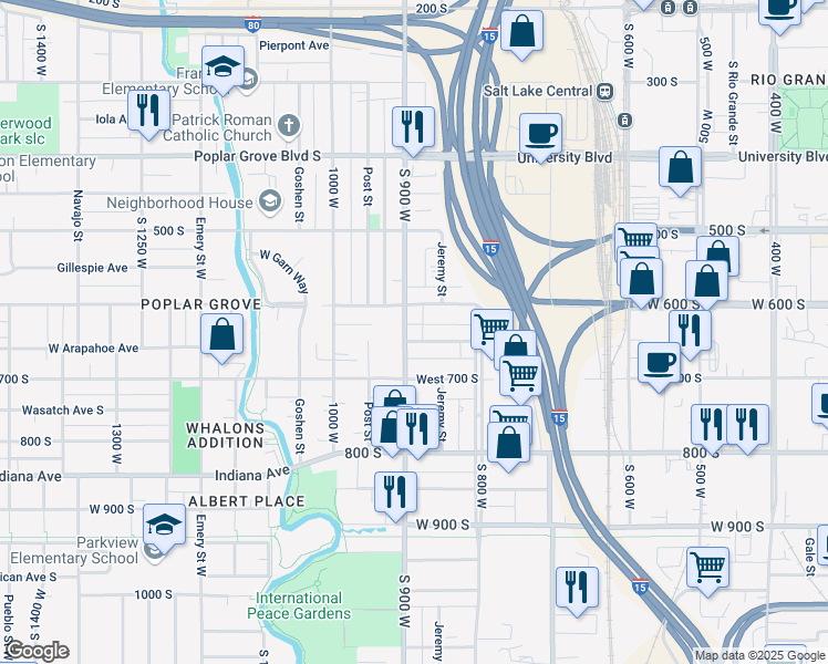 map of restaurants, bars, coffee shops, grocery stores, and more near 627 South 900 West in Salt Lake City
