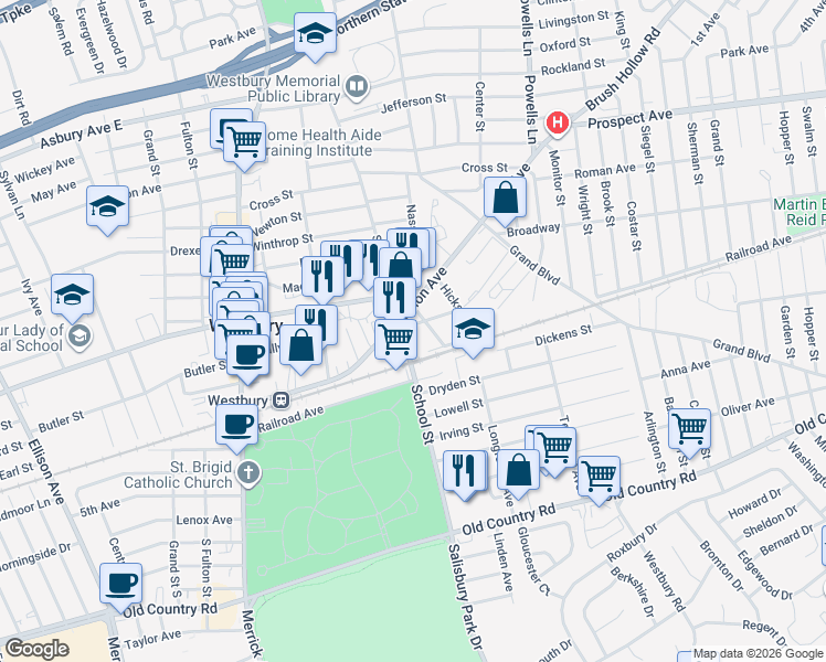 map of restaurants, bars, coffee shops, grocery stores, and more near 167 School Street in Westbury