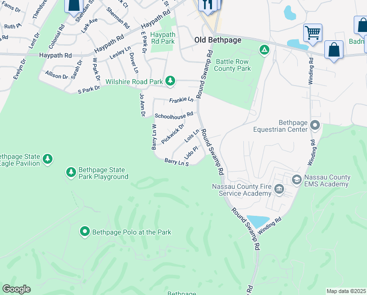 map of restaurants, bars, coffee shops, grocery stores, and more near 23 Lois Lane in Old Bethpage
