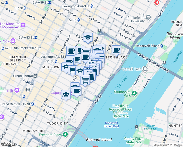 map of restaurants, bars, coffee shops, grocery stores, and more near 349 East 52nd Street in New York