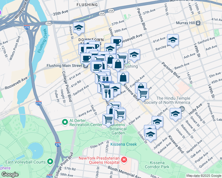 map of restaurants, bars, coffee shops, grocery stores, and more near 137-05 Franklin Avenue in Queens