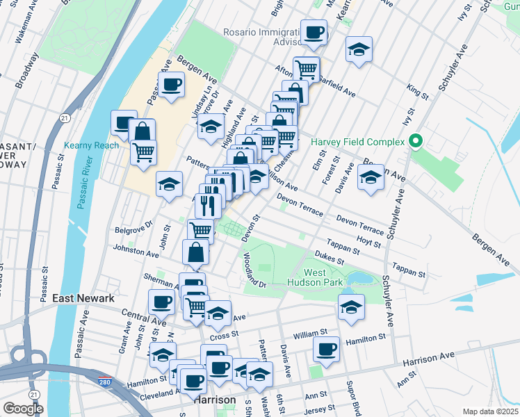 map of restaurants, bars, coffee shops, grocery stores, and more near 83 Devon Street in Kearny