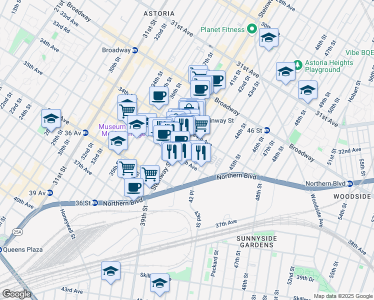map of restaurants, bars, coffee shops, grocery stores, and more near 40-15 35th Avenue in Queens