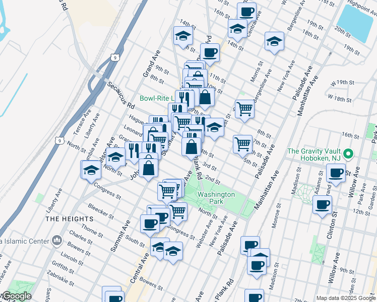 map of restaurants, bars, coffee shops, grocery stores, and more near 23 Leonard Street in Jersey City