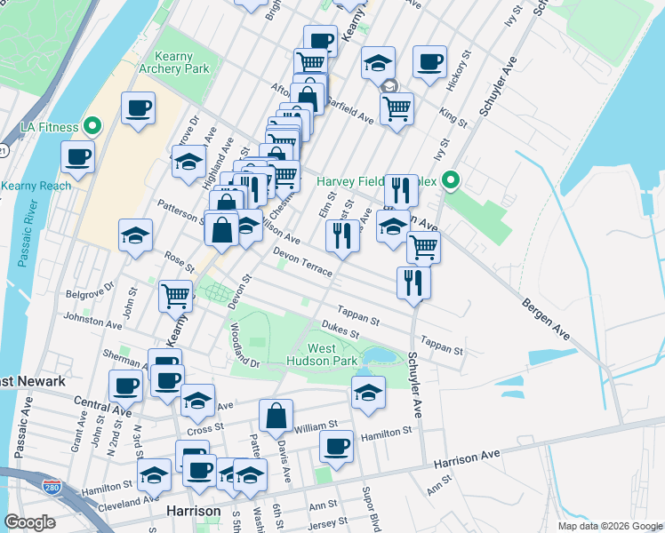 map of restaurants, bars, coffee shops, grocery stores, and more near 47 Davis Avenue in Kearny