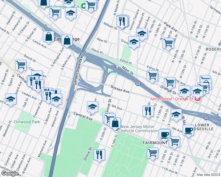 map of restaurants, bars, coffee shops, grocery stores, and more near 45 South Grove Street in East Orange