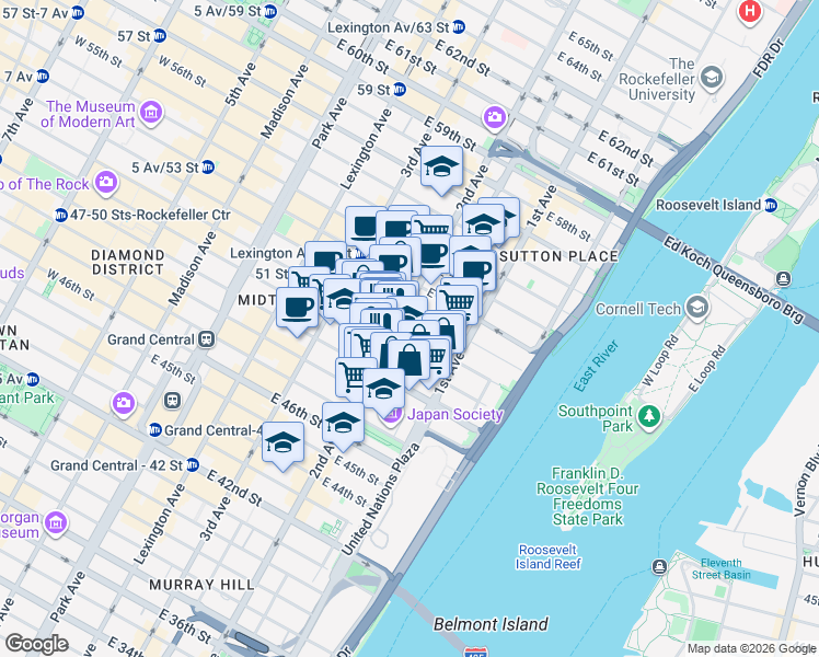 map of restaurants, bars, coffee shops, grocery stores, and more near 305 East 51st Street in New York