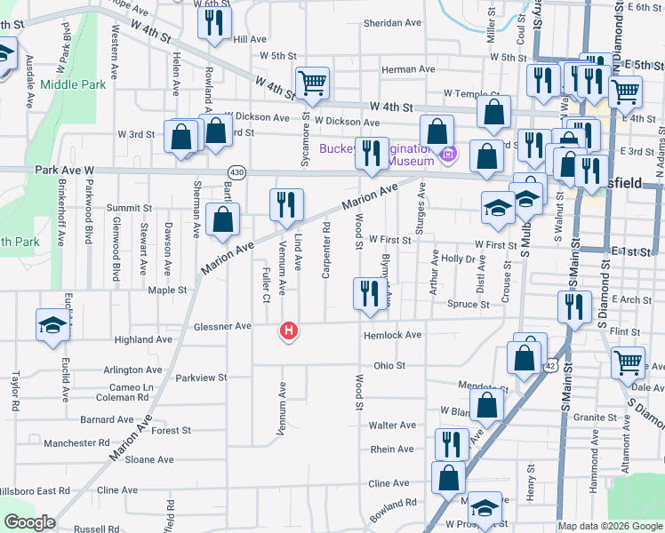 map of restaurants, bars, coffee shops, grocery stores, and more near 139 Carpenter Road in Mansfield