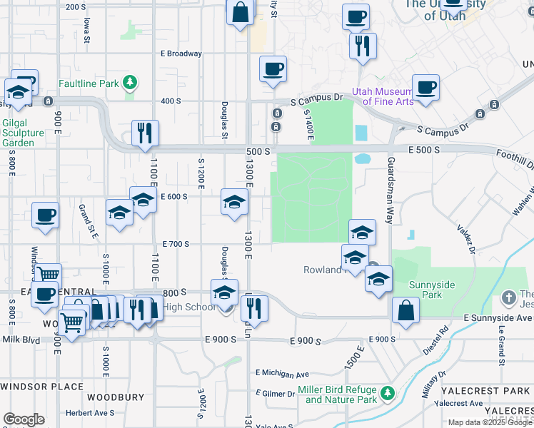 map of restaurants, bars, coffee shops, grocery stores, and more near 653 South 1300 East in Salt Lake City