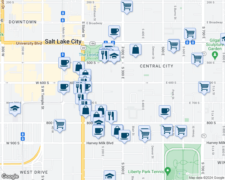 map of restaurants, bars, coffee shops, grocery stores, and more near 660 South 300 East in Salt Lake City