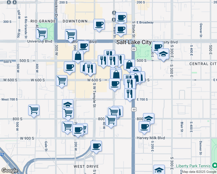 map of restaurants, bars, coffee shops, grocery stores, and more near 50 West 700 South in Salt Lake City